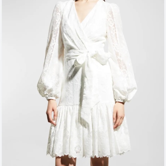 Badgley Mischka Collection stunning white floral lace wrap balloon sleeve dress - Picture 3 of 11